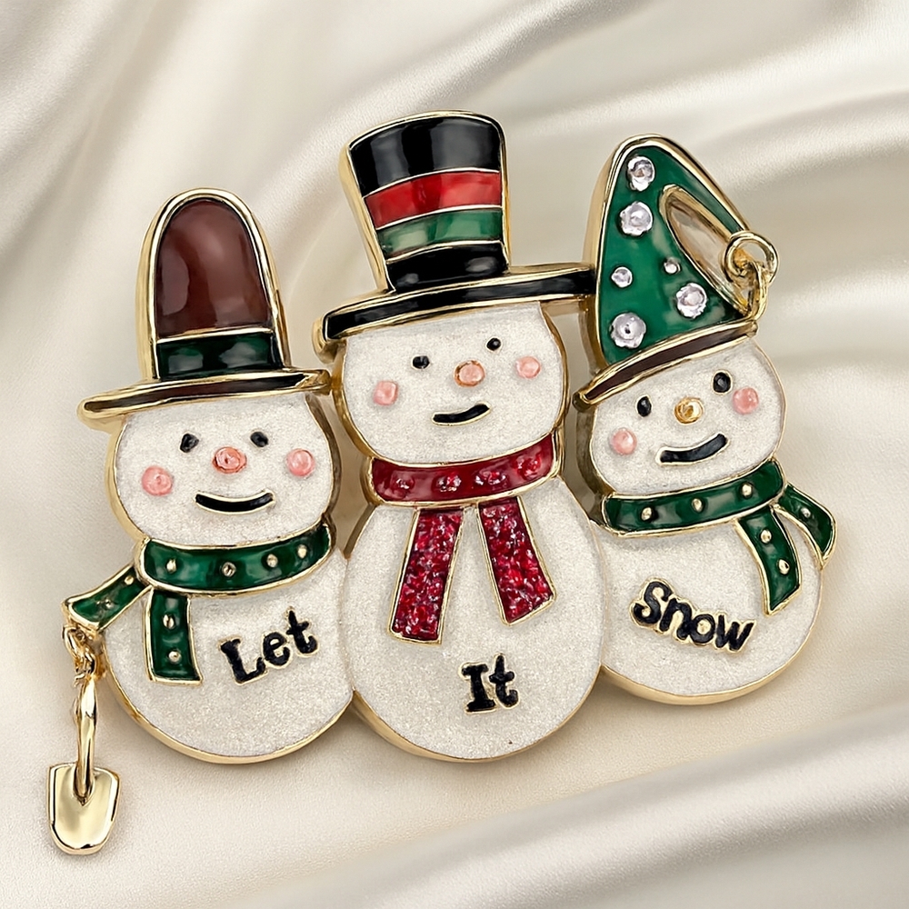 Holiday Snowman Trio Brooch – Glitter Enamel, Rhinestone Red & Green Charm